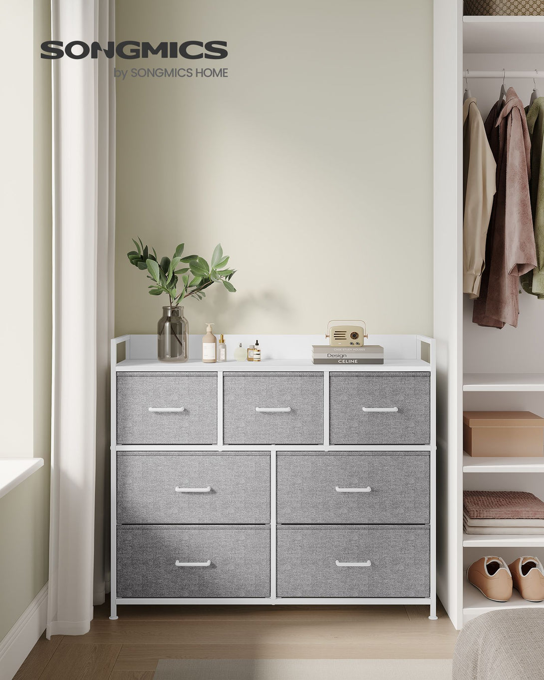 Comoda cu 7 sertare din stofa, 28,5 x 98 x 85 cm, gri-alb