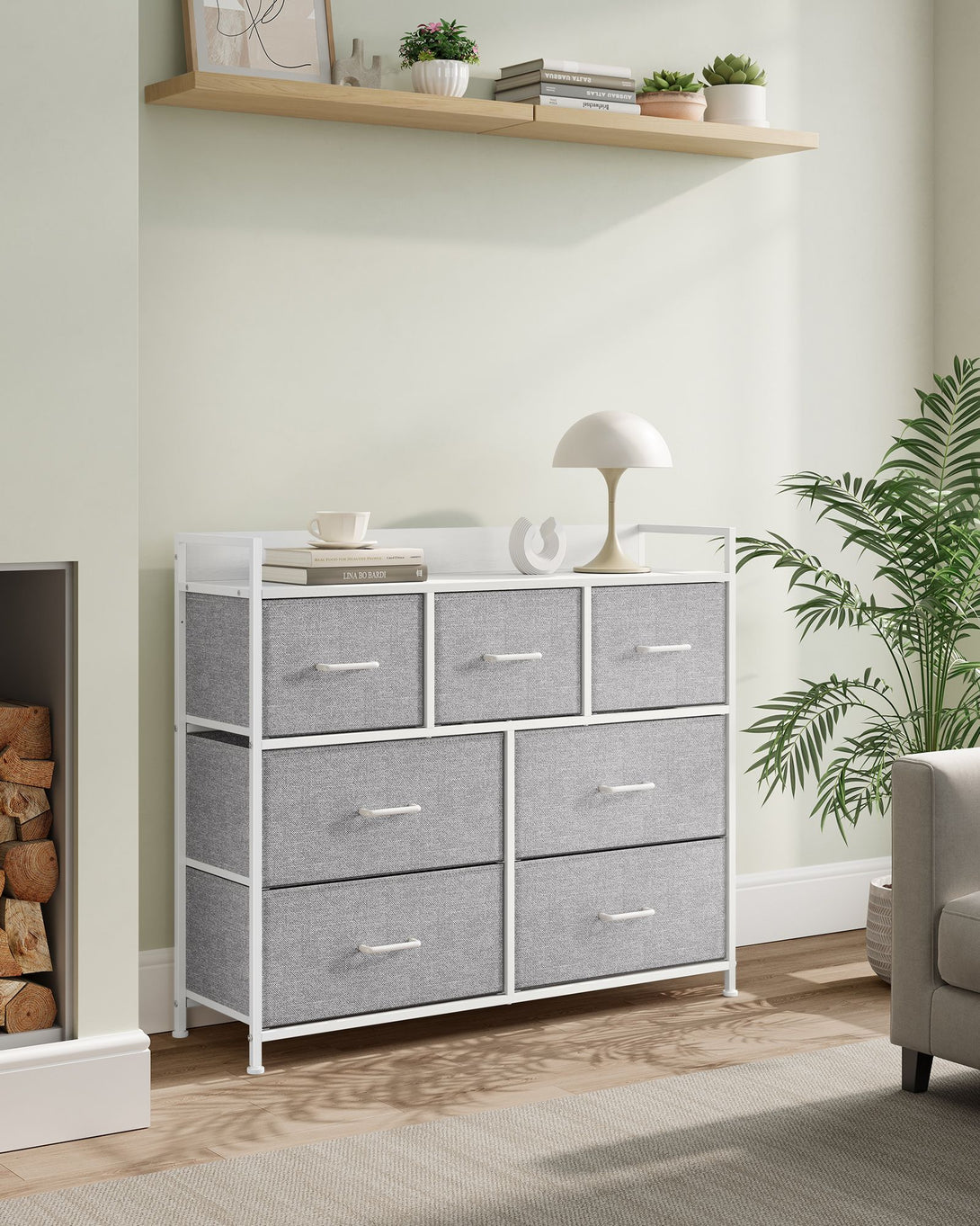 Comoda cu 7 sertare din stofa, 28,5 x 98 x 85 cm, gri-alb
