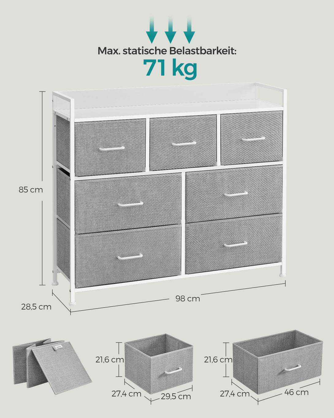 Comoda cu 7 sertare din stofa, 28,5 x 98 x 85 cm, gri-alb