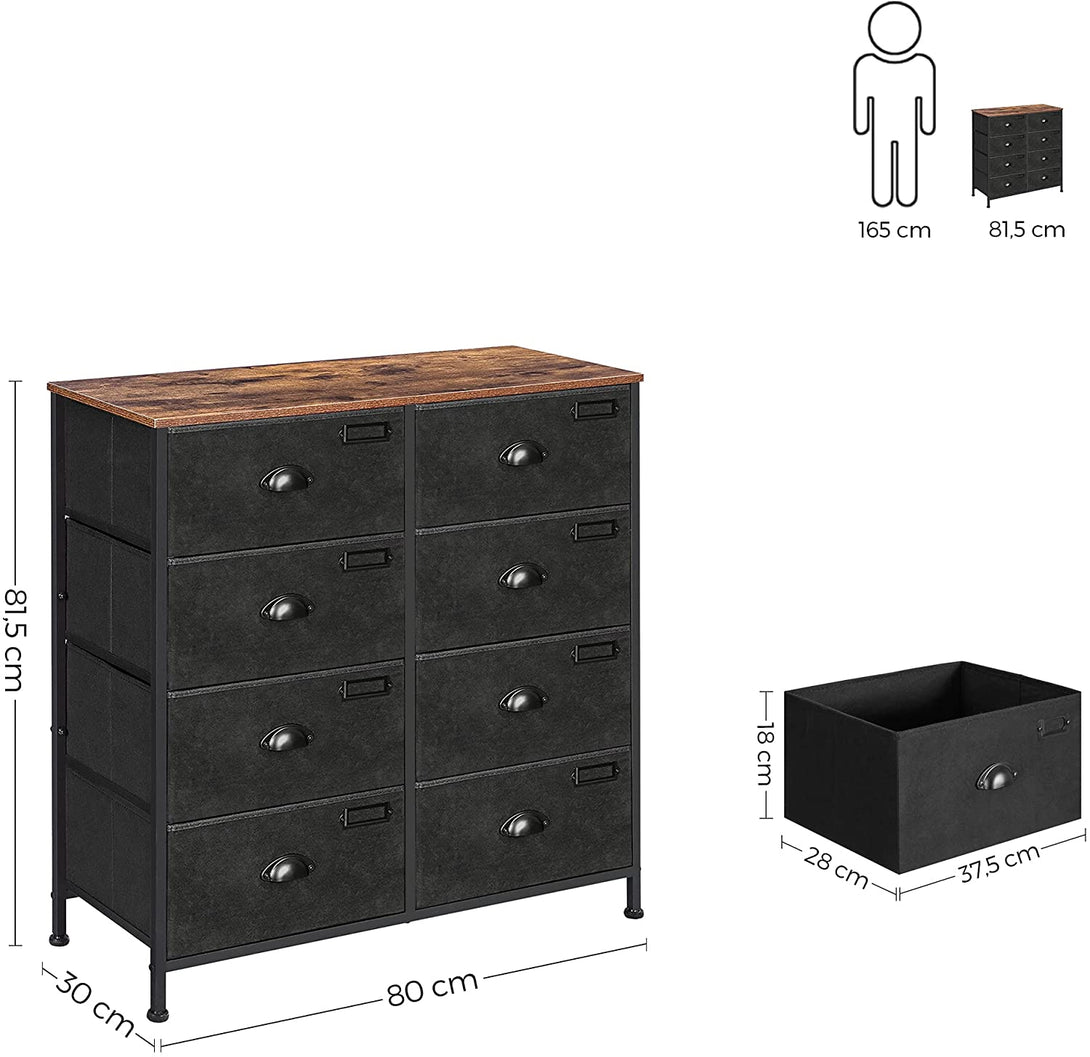 Comodă din stofă cu 8 sertare, 80 x 81,5 x 30 cm, maro rustic și negru