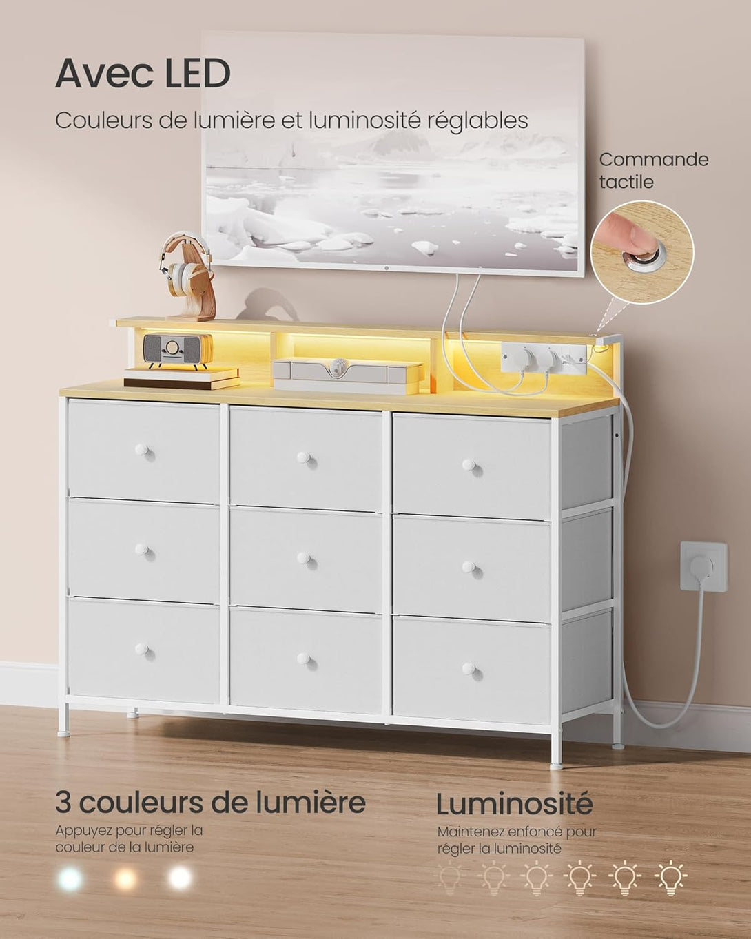 Comoda , dulap de depozitare cu 9 sertare , led , alb