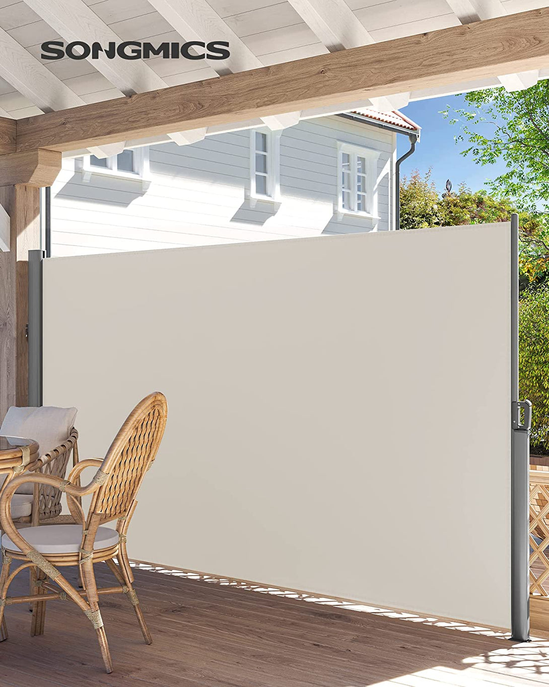Copertina laterala extensibila pentru balcon si terasa, bej 180 x 300 cm