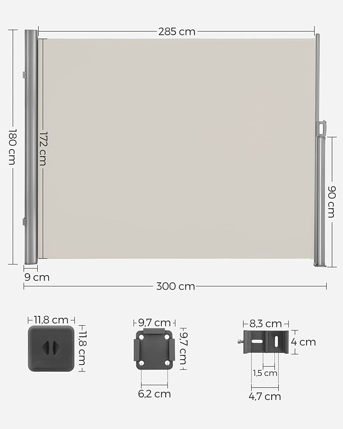 Copertina laterala extensibila pentru balcon si terasa, bej 180 x 300 cm