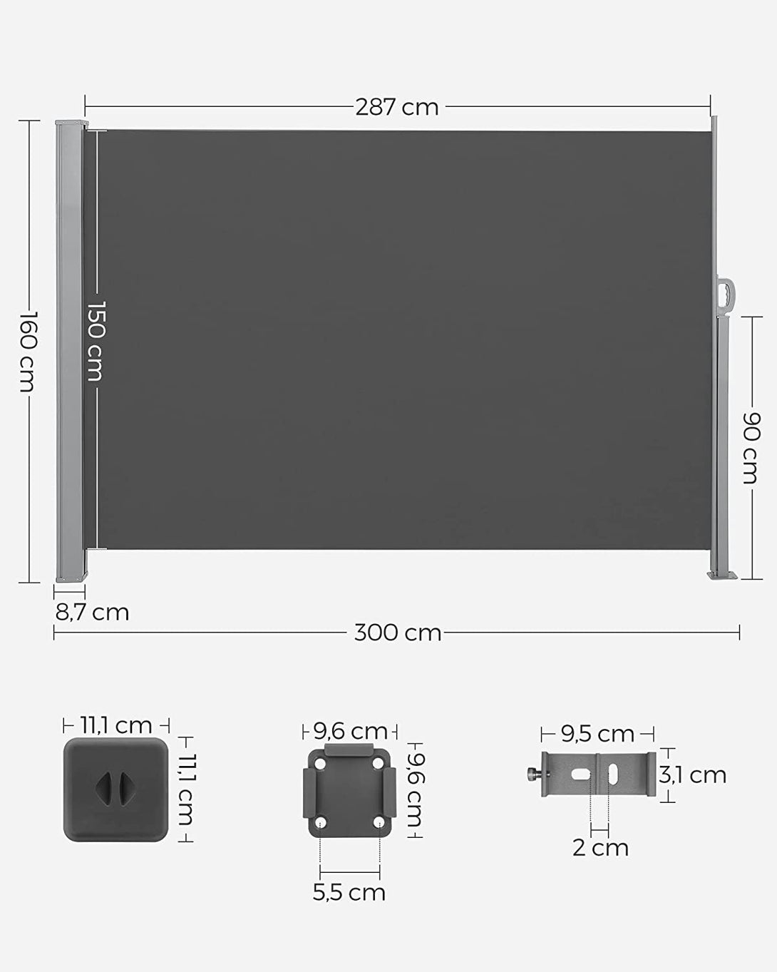 Copertina laterala pentru balcon si terasa 300 x 160, cm, gri fum