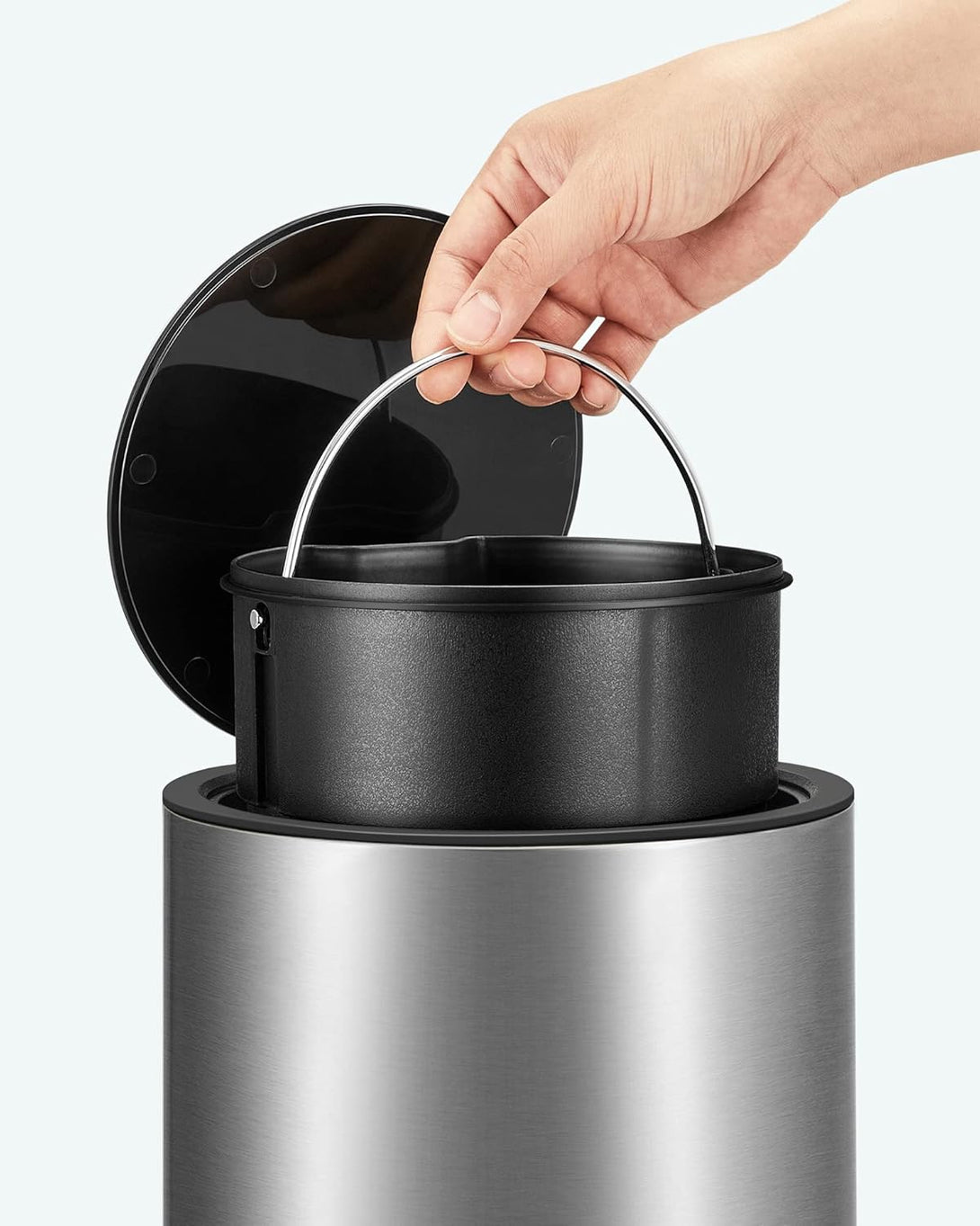 Coș de gunoi cosmetic, 3 L, coș de gunoi de baie cu capac, acționat cu pedală, oțel, negru-argintiu
