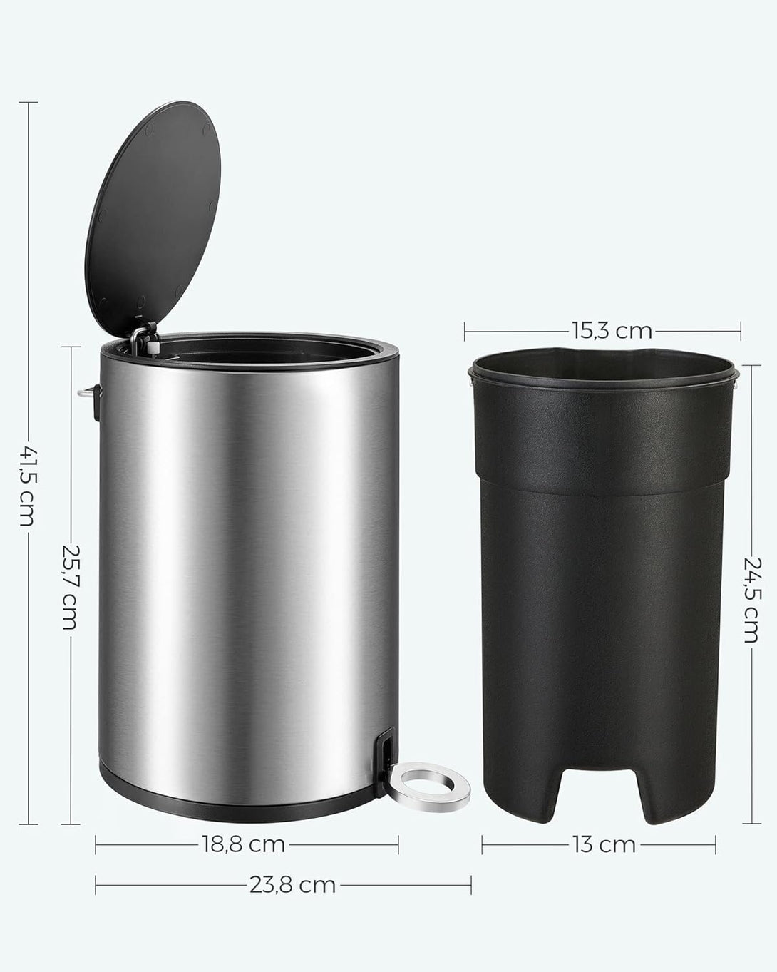 Coș de gunoi cosmetic, 3 L, coș de gunoi de baie cu capac, acționat cu pedală, oțel, negru-argintiu