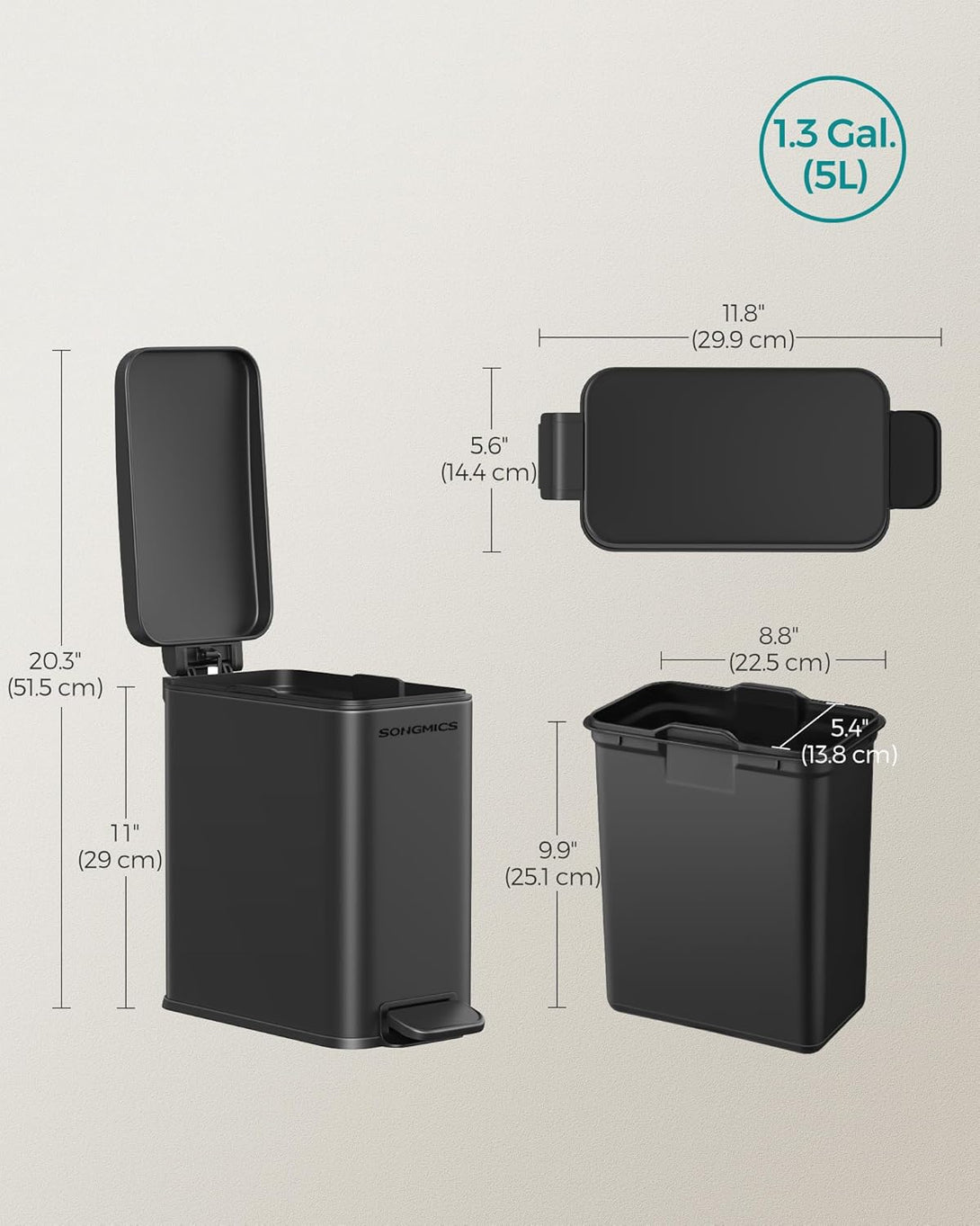 Coș de gunoi de baie, 5 litri, coș de gunoi inox, negru