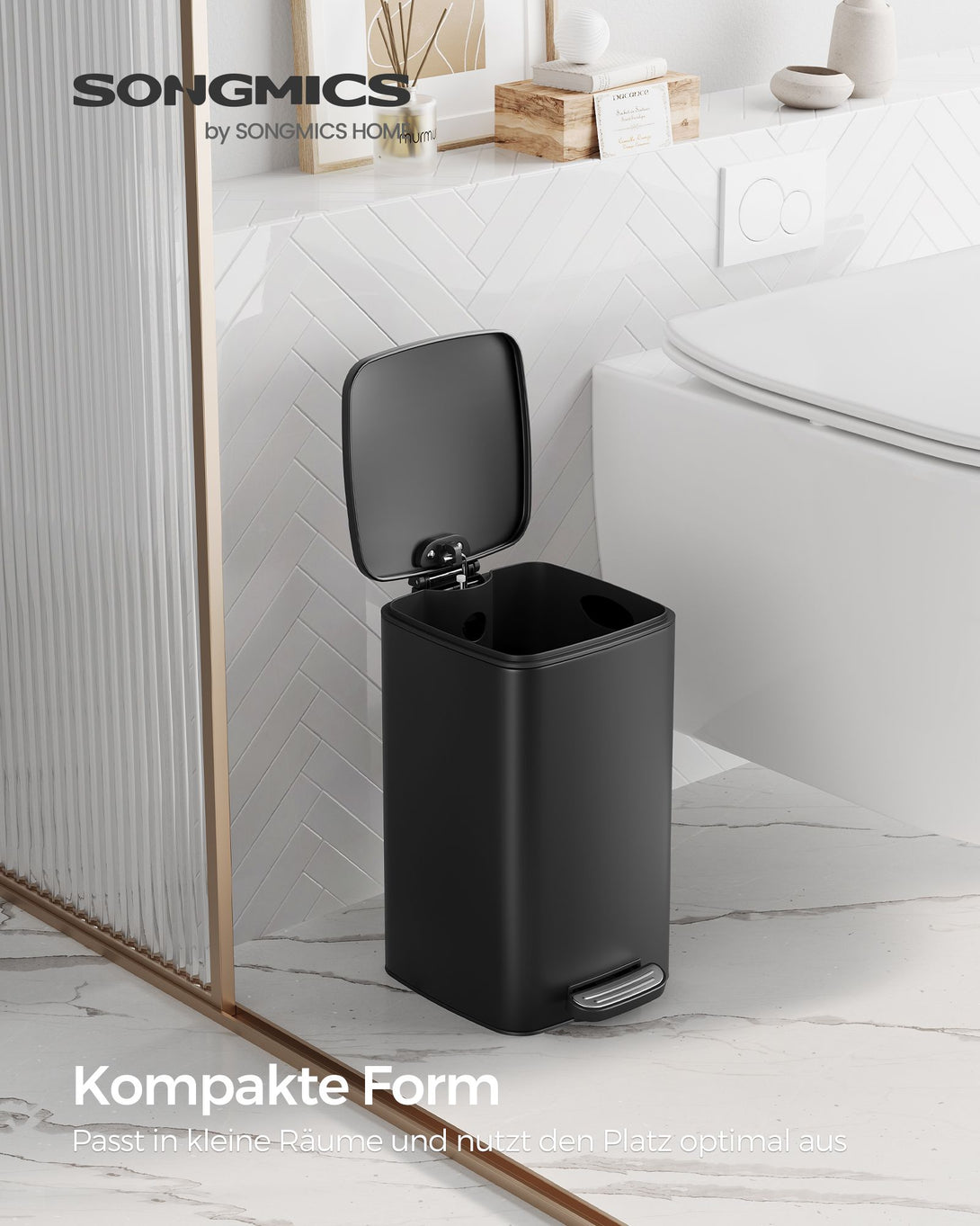 Coș de gunoi de baie cu capac, 8L, pentru spații mici, Soft Close, oțel, negru