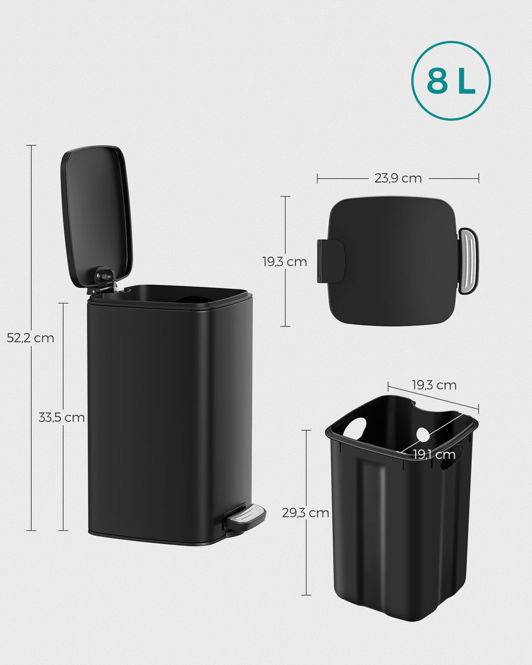 Coș de gunoi de baie cu capac, 8L, pentru spații mici, Soft Close, oțel, negru
