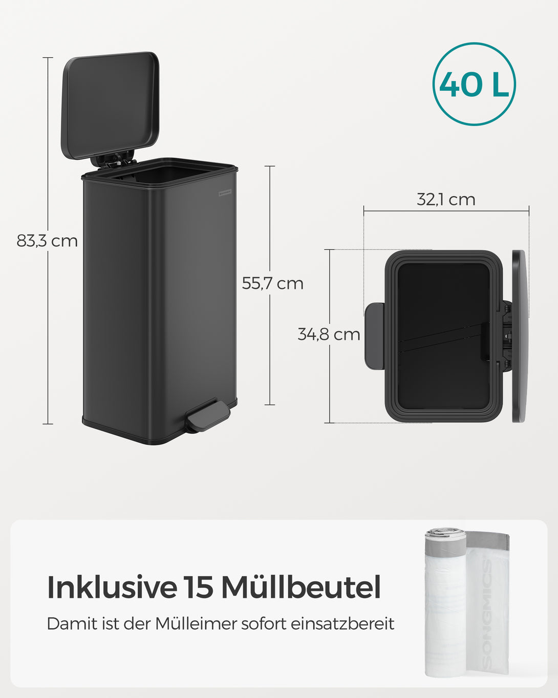 Coș de gunoi de bucătărie 40L, coș mare cu pedală cu capac, 15 saci de gunoi incluse, negru