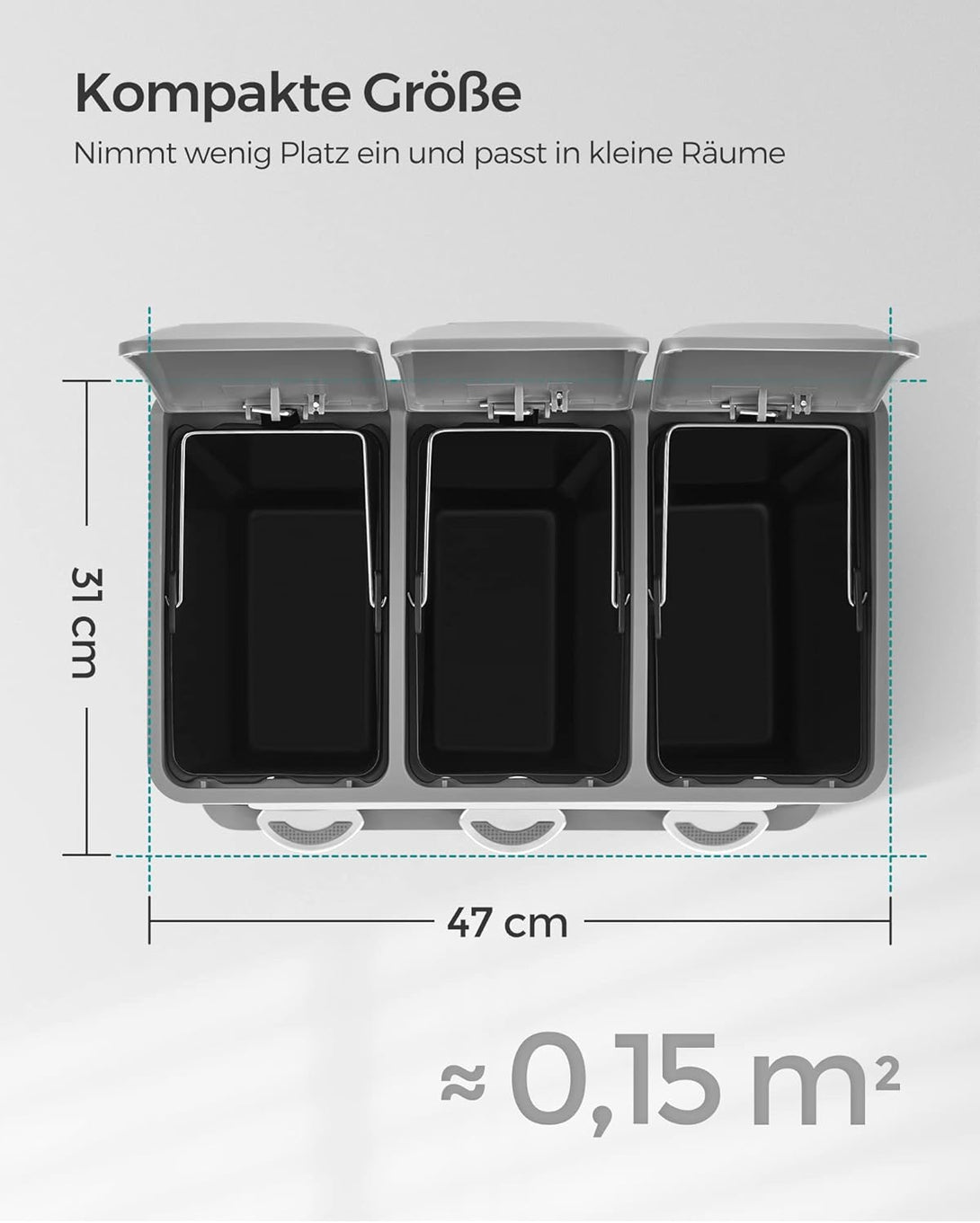 Coș de gunoi de bucătărie de 3 x 8 litri cu capac, pedală metalică, oțel, ușor de curățat, alb și gri
