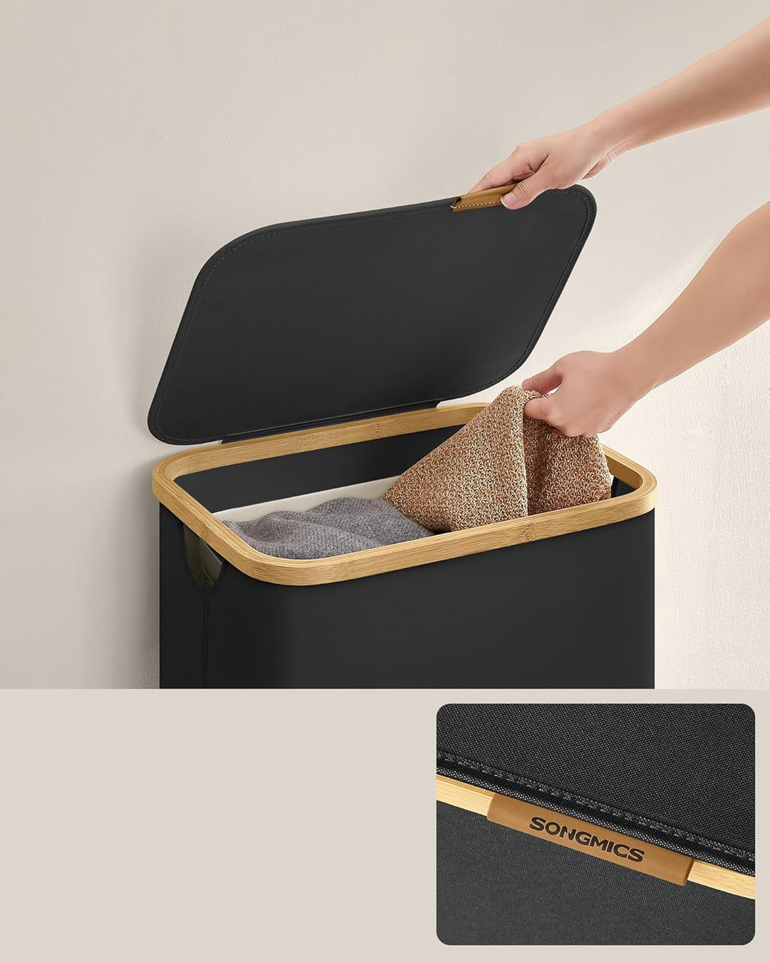 Cos de rufe cu capac , 90L, 42 x 32 x 70,5 cm , captuseala plasa detasabila, negru