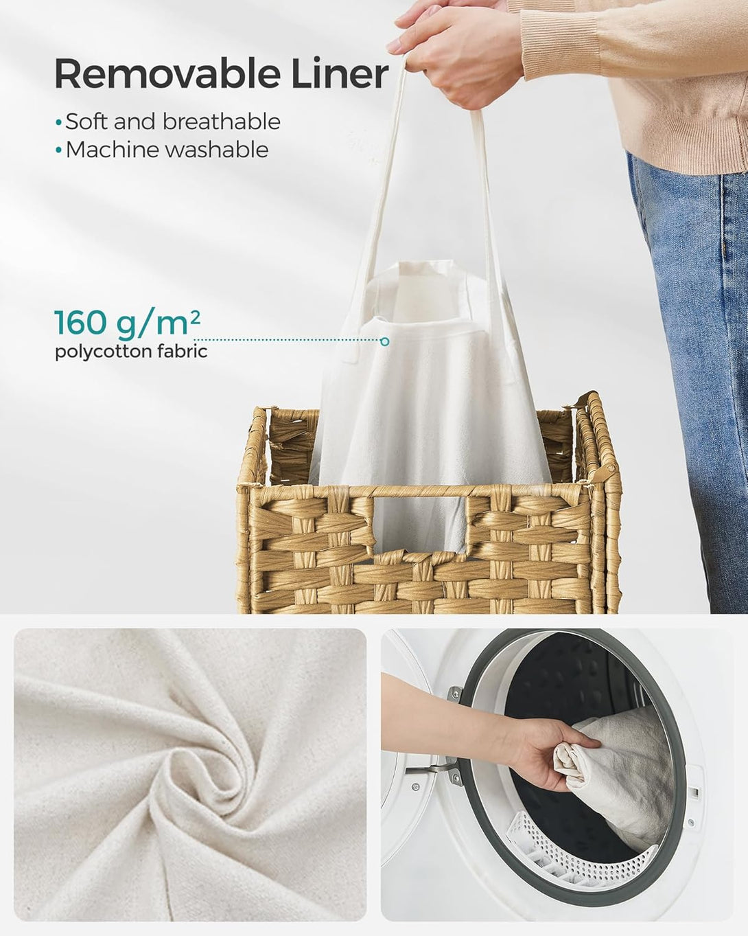 Cos de rufe cu capac , din ratan sintetic , 90L , pliabil , culoare naturala