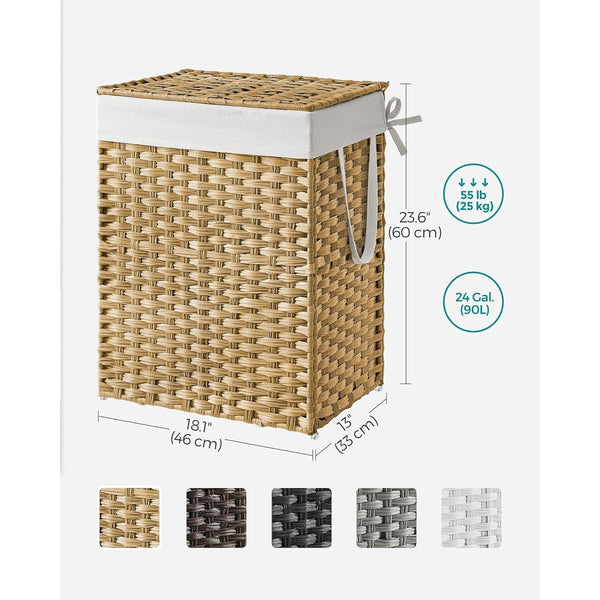 Cos de rufe cu capac , din ratan sintetic , 90L , pliabil , culoare naturala