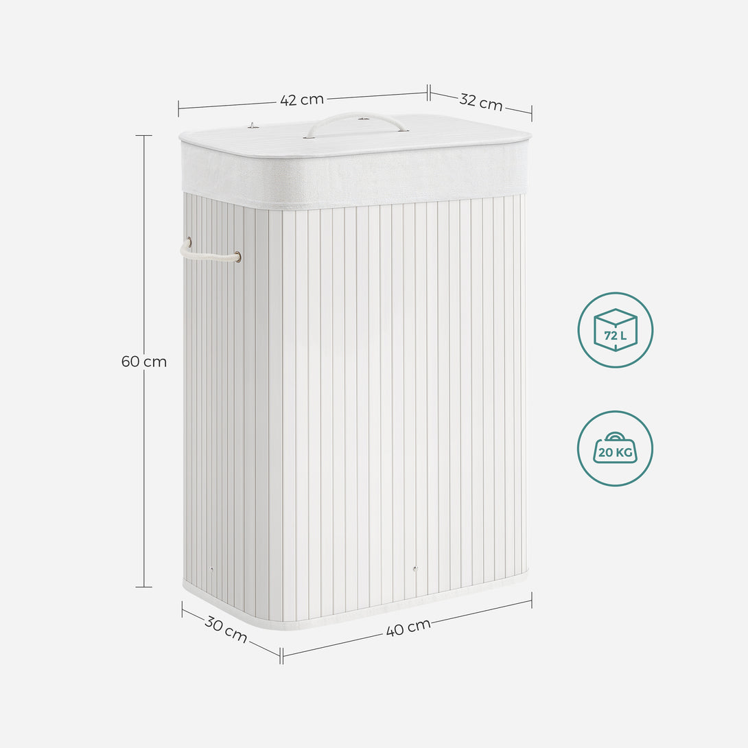 Cos de rufe din bambus, pliabil, cu captuseala detasabila lavabila, 72L, 40x30x60cm, alb