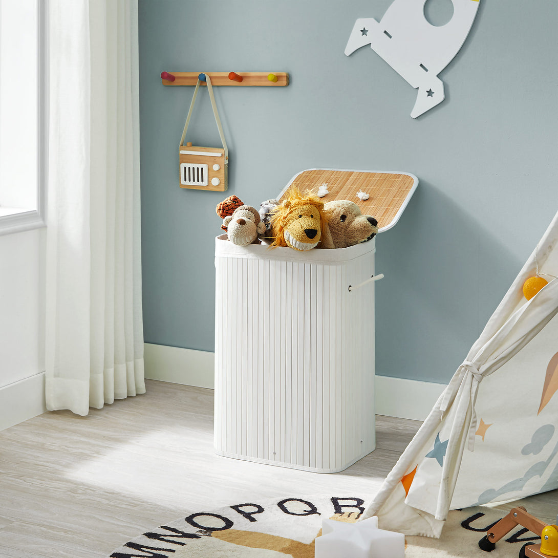Cos de rufe din bambus, pliabil, cu captuseala detasabila lavabila, 72L, 40x30x60cm, alb