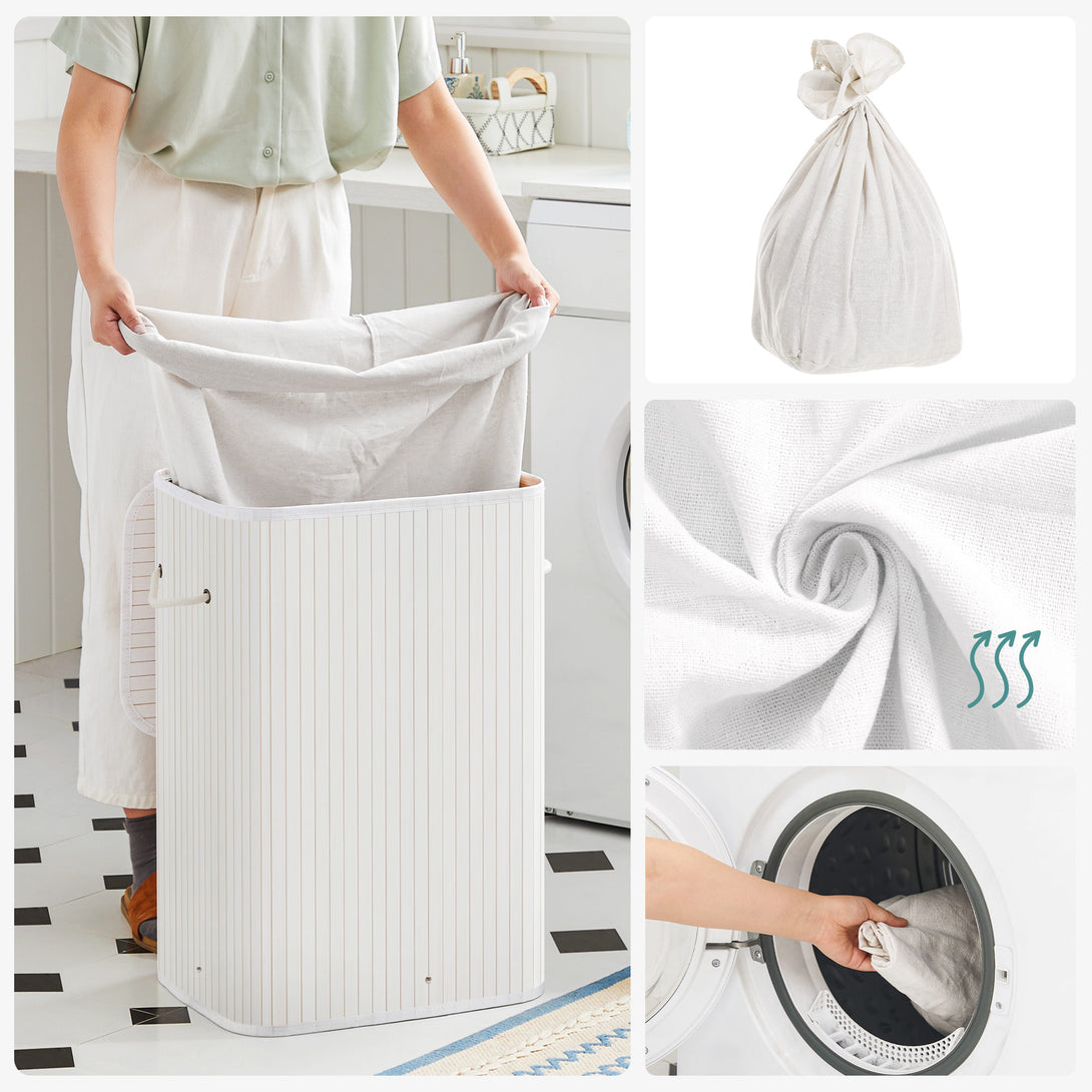 Cos de rufe din bambus, pliabil, cu captuseala detasabila lavabila, 72L, 40x30x60cm, alb