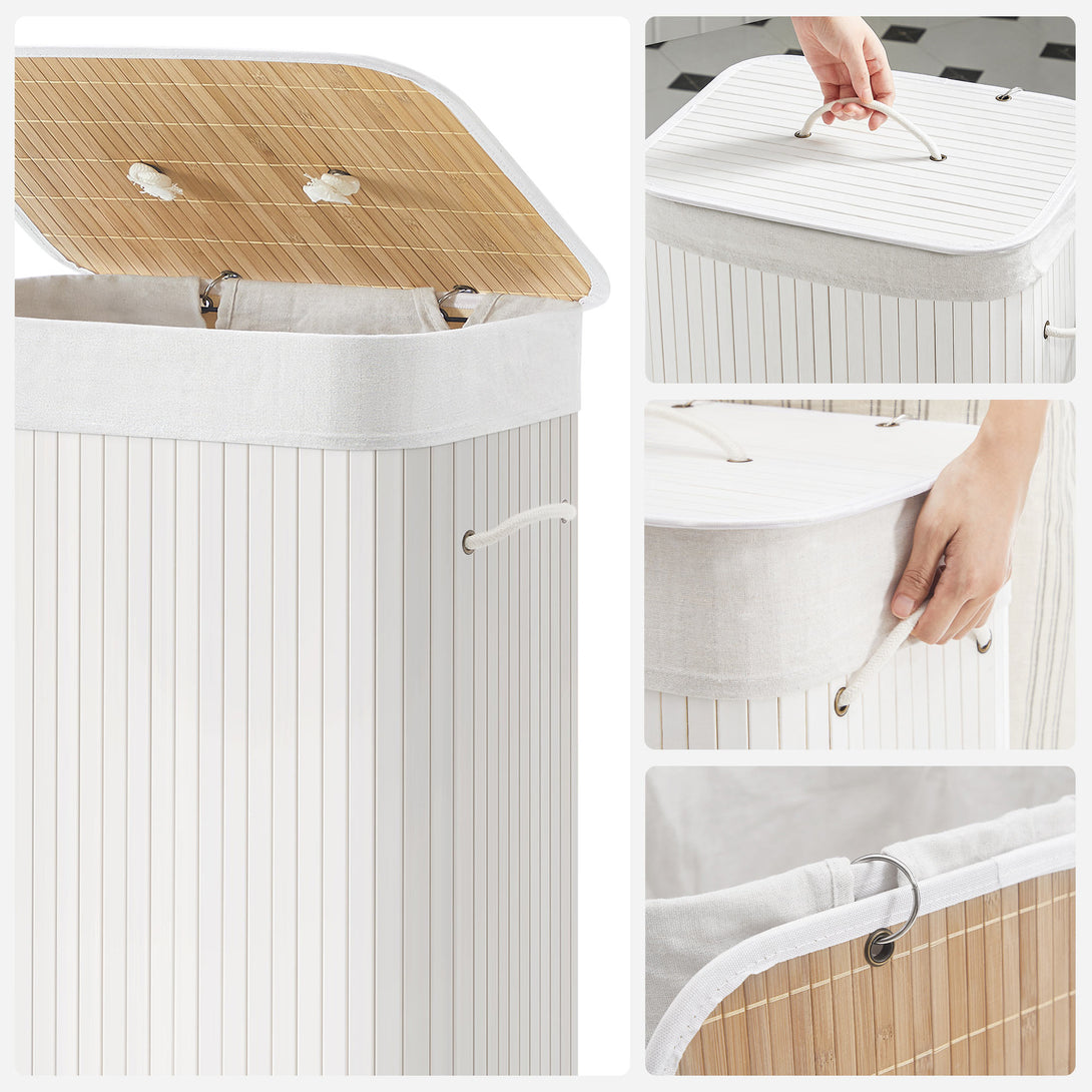Cos de rufe din bambus, pliabil, cu captuseala detasabila lavabila, 72L, 40x30x60cm, alb
