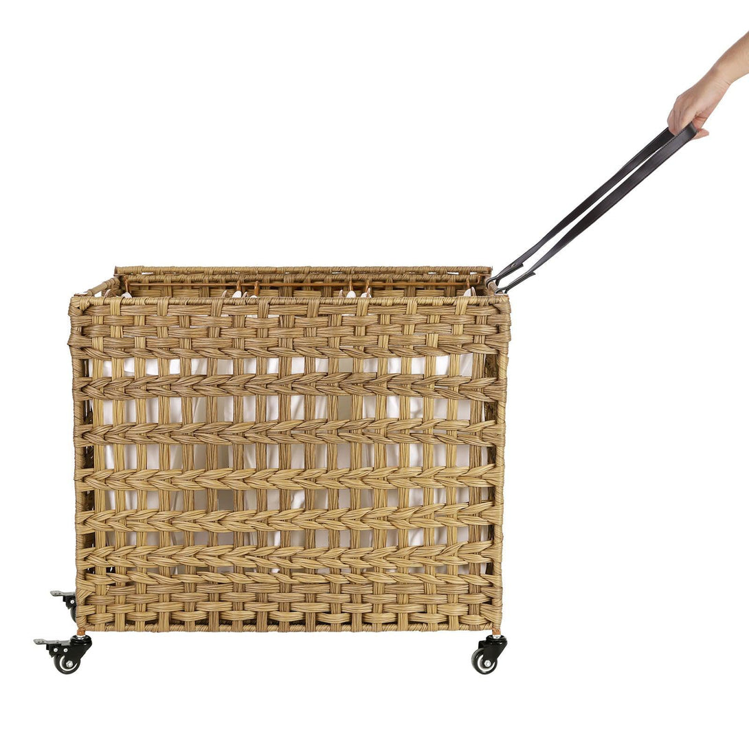 Coș de rufe țesut manual, cu 3 compartimente separate, natural