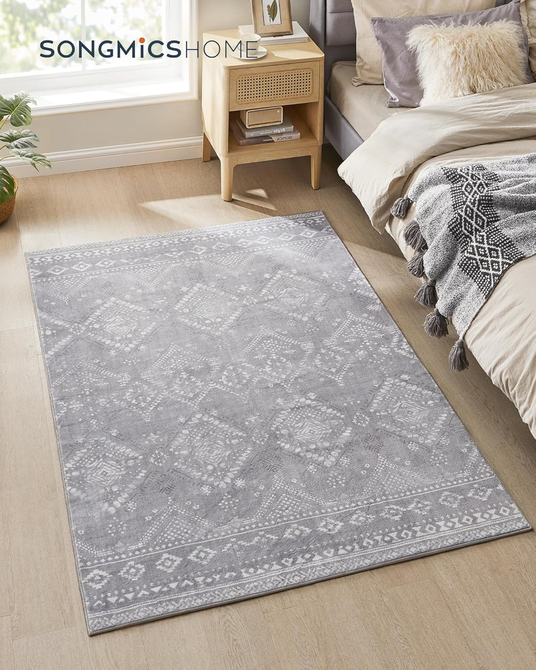 Covor 120x170 cm , antiderapant , stil boho , gri deschis