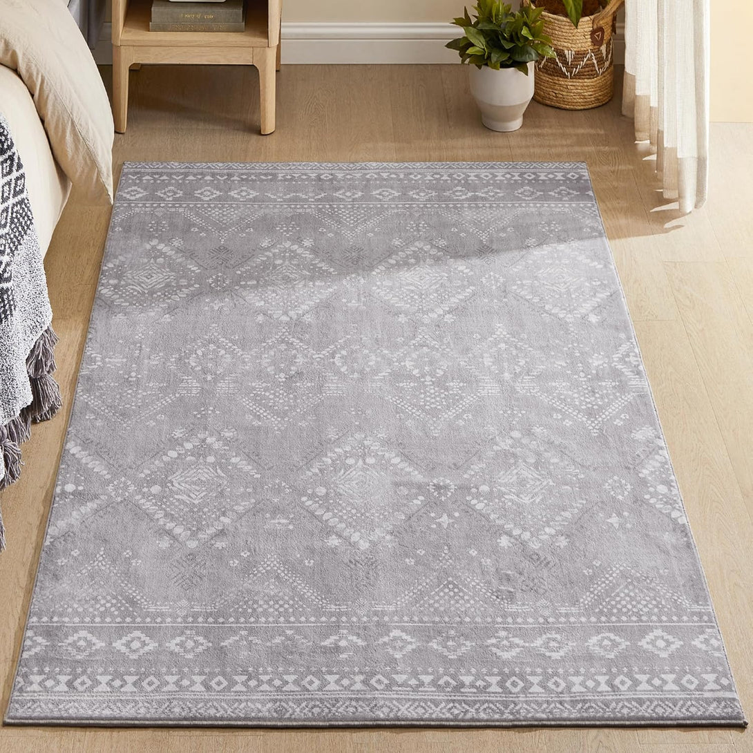 Covor 120x170 cm , antiderapant , stil boho , gri deschis