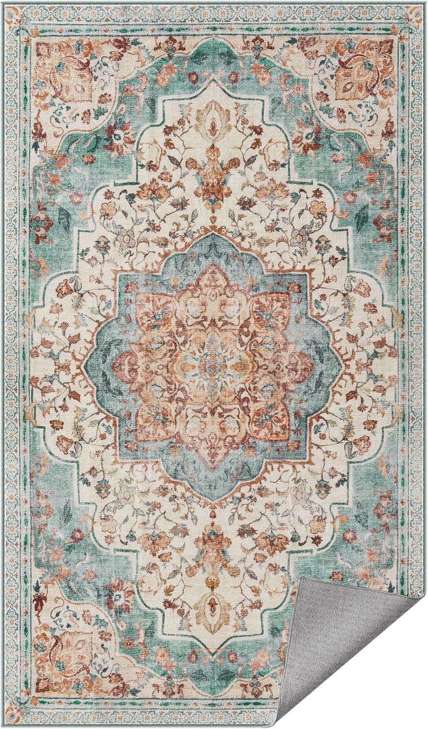 Covor 92 x 153 cm antiderapant pentru living, stil vintage, albastru