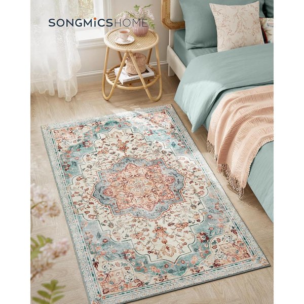 Covor 92 x 153 cm antiderapant pentru living, stil vintage, albastru