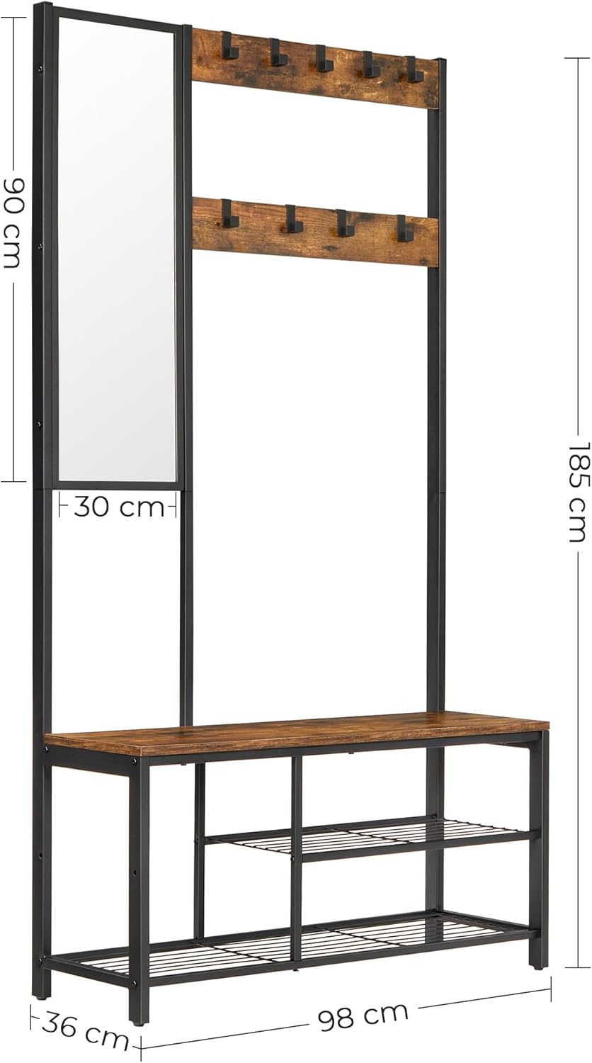 Cuier cu poliță suspendată, Suport pentru haine cu oglindă, suport pentru pantofi și scaun, maro rustic, 36 x 98 x 185 cm