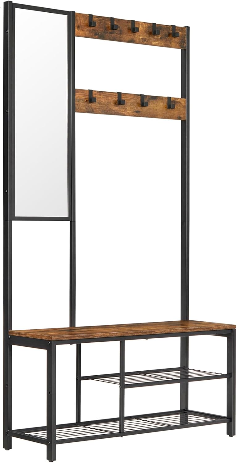 Cuier cu poliță suspendată, Suport pentru haine cu oglindă, suport pentru pantofi și scaun, maro rustic, 36 x 98 x 185 cm