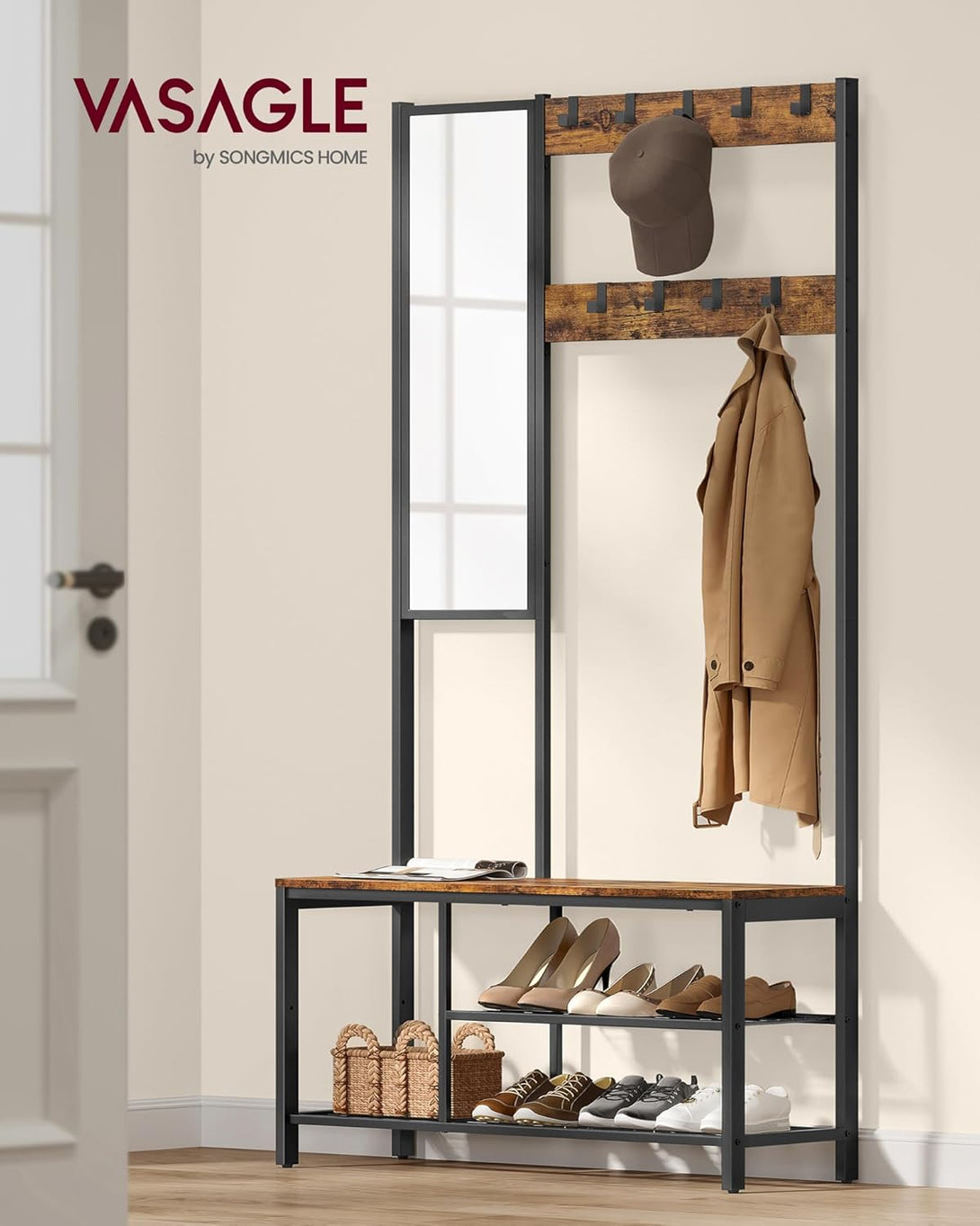 Cuier cu poliță suspendată, Suport pentru haine cu oglindă, suport pentru pantofi și scaun, maro rustic, 36 x 98 x 185 cm