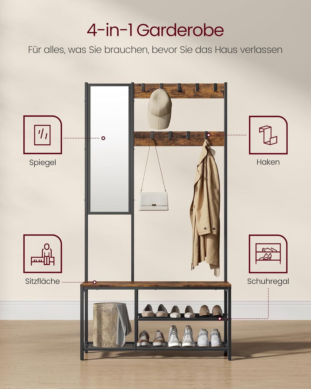 Cuier cu poliță suspendată, Suport pentru haine cu oglindă, suport pentru pantofi și scaun, maro rustic, 36 x 98 x 185 cm