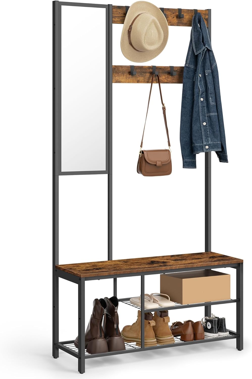 Cuier cu poliță suspendată, Suport pentru haine cu oglindă, suport pentru pantofi și scaun, maro rustic, 36 x 98 x 185 cm