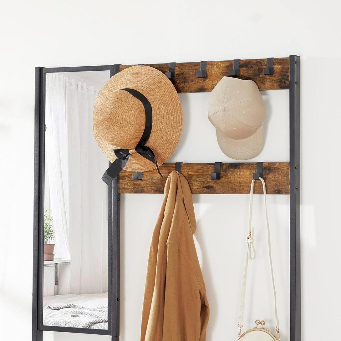 Cuier cu poliță suspendată, Suport pentru haine cu oglindă, suport pentru pantofi și scaun, maro rustic, 36 x 98 x 185 cm