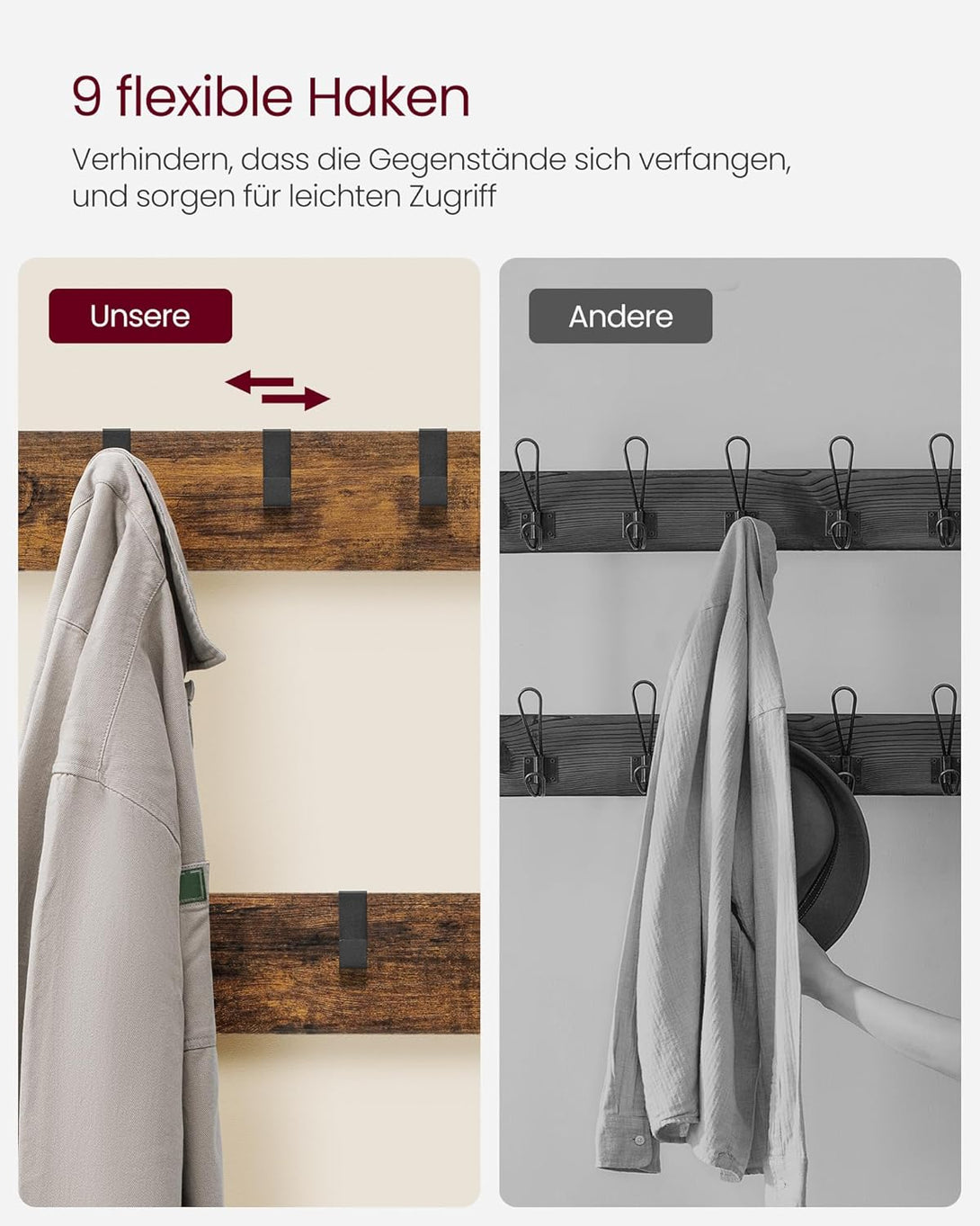 Cuier cu poliță suspendată, Suport pentru haine cu oglindă, suport pentru pantofi și scaun, maro rustic, 36 x 98 x 185 cm