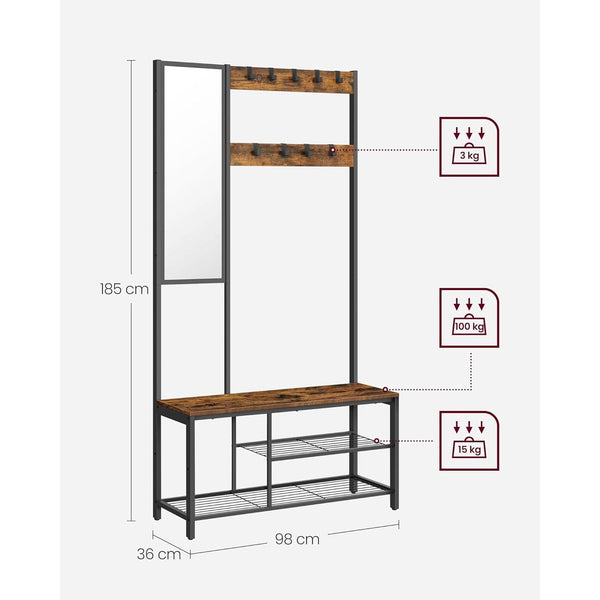 Cuier cu poliță suspendată, Suport pentru haine cu oglindă, suport pentru pantofi și scaun, maro rustic, 36 x 98 x 185 cm