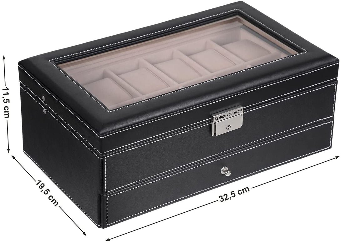 Cutie de depozitare ceasuri cu 2 compartimente cu capac din sticla 32,5 x 11,5 x 19,5 cm, neagra