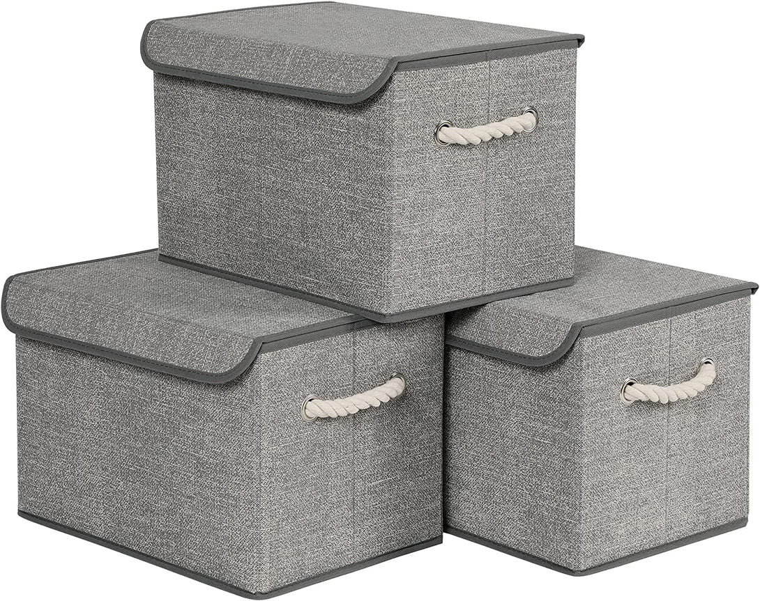 Cutii de depozitare cu capace, set de 3, 38 x 25 x 25 cm, gri