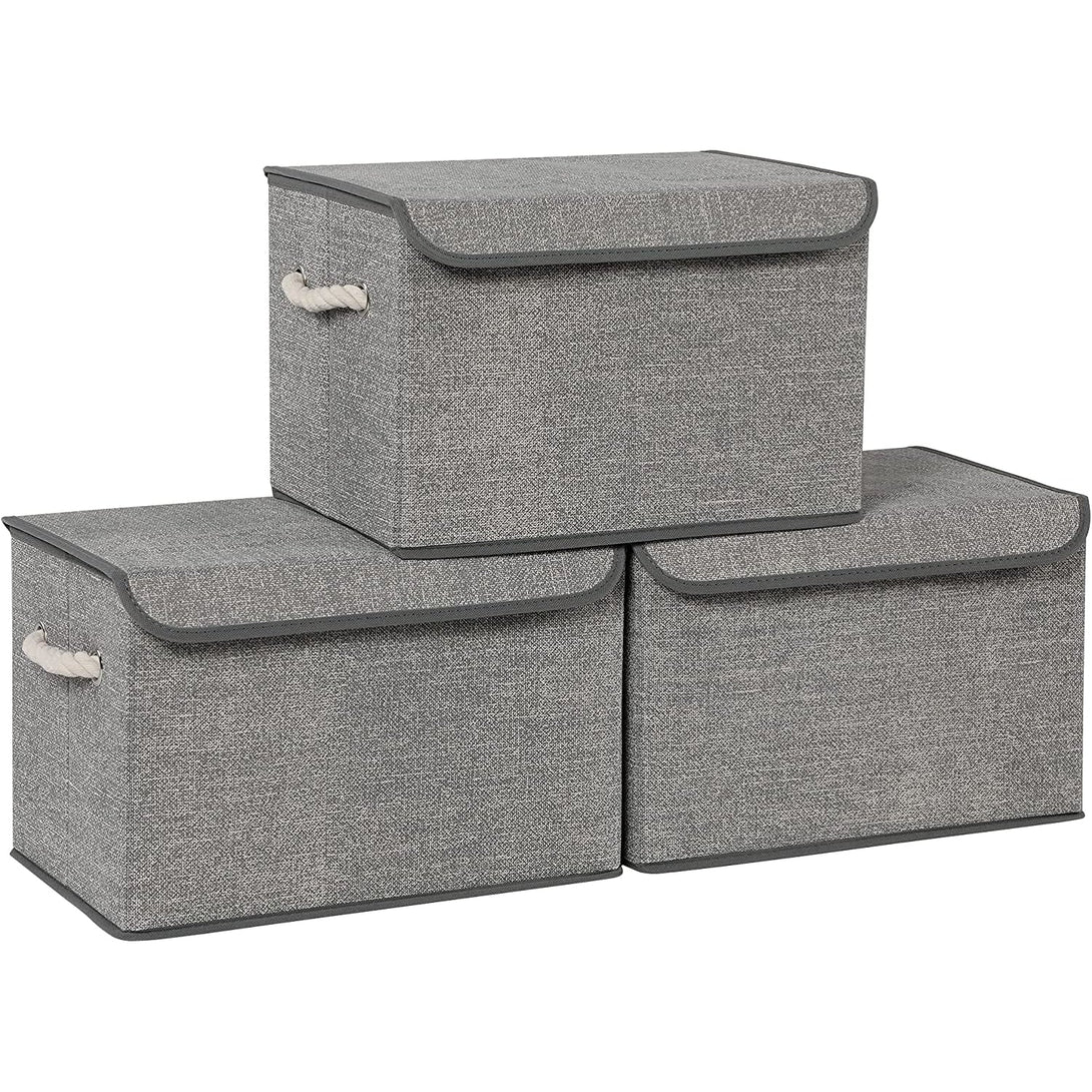 Cutii de depozitare cu capace, set de 3, 38 x 25 x 25 cm, gri
