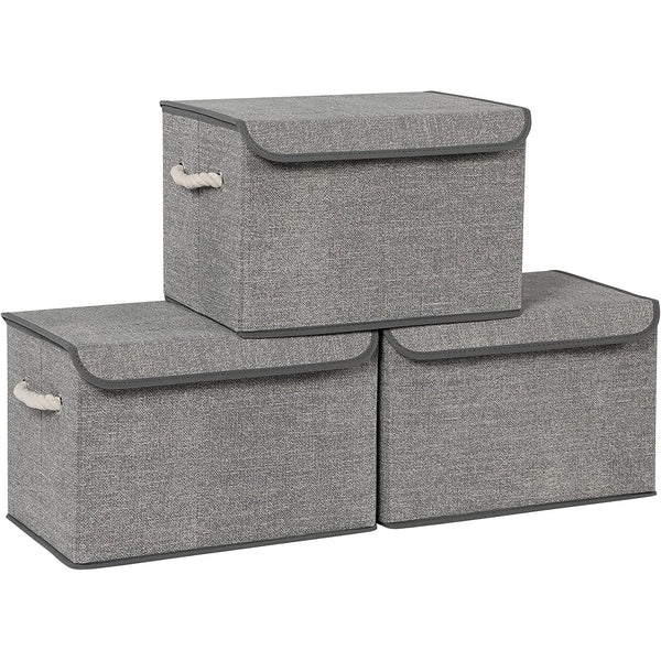 Cutii de depozitare cu capace, set de 3, 38 x 25 x 25 cm, gri