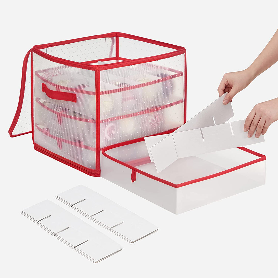 Cutii de depozitare decoratiuni de Craciun, set 2 transparent-rosu