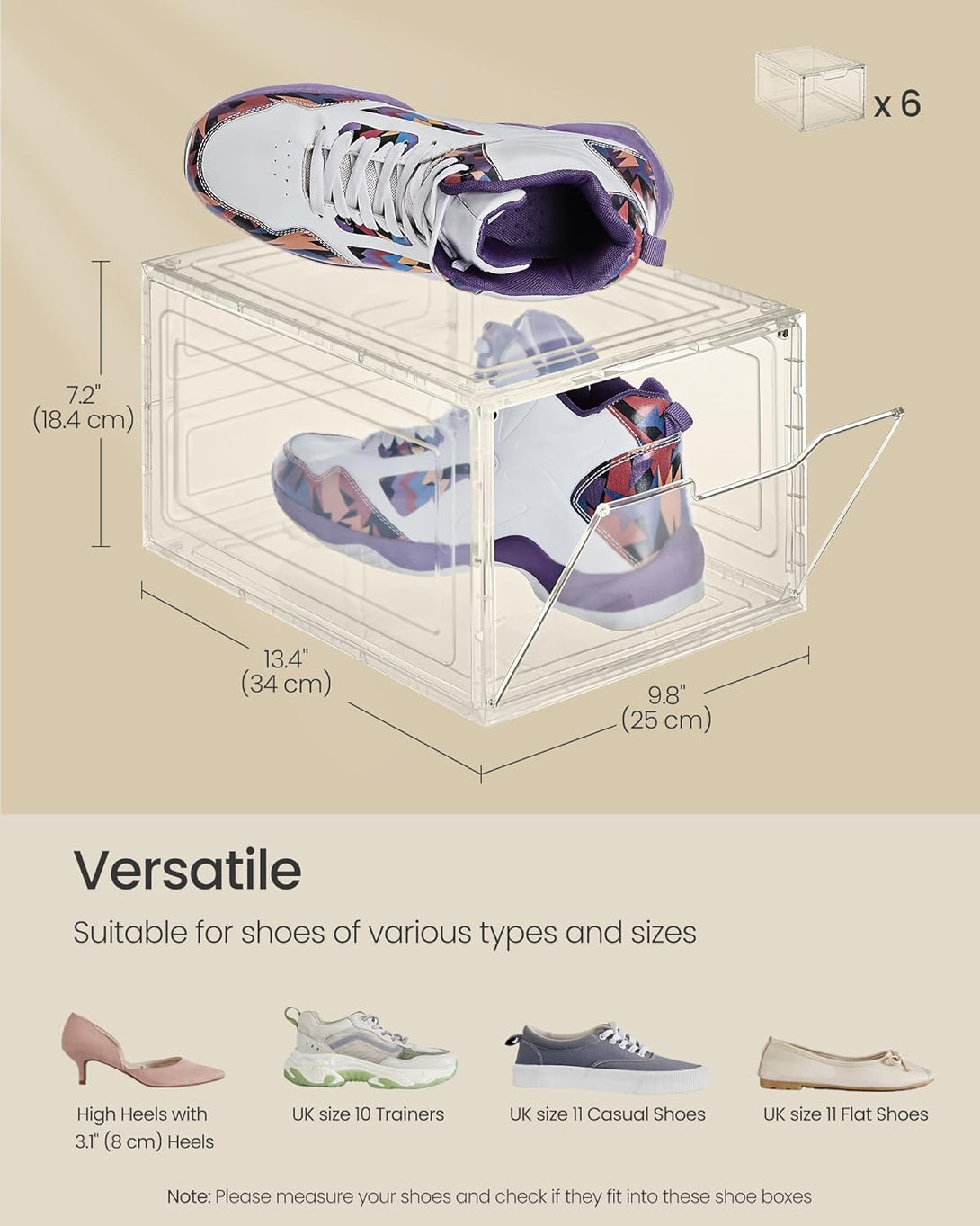Cutii de depozitare pantofi, set de 6, cu usa transparenta, stivuitoare, alb