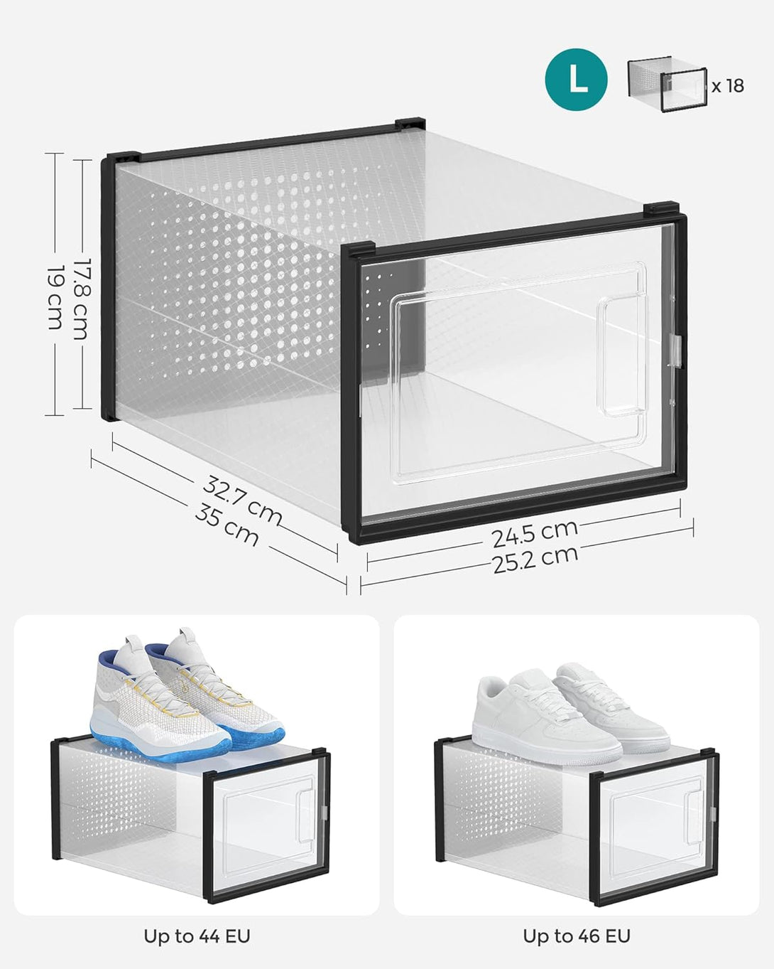 Cutii de pantofi, set de 18, organizatoare de pantofi din plastic, transparent/negru