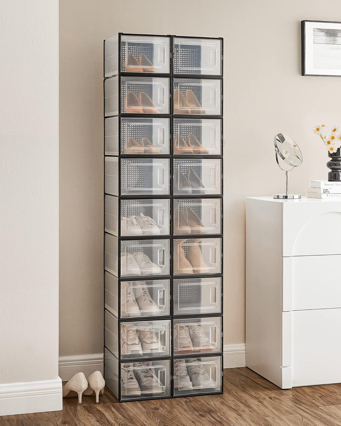 Cutii de pantofi, set de 18, organizatoare de pantofi din plastic, transparent/negru