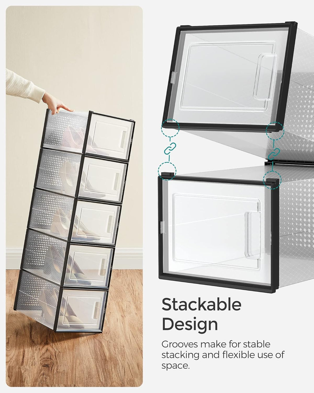 Cutii de pantofi, set de 18, organizatoare de pantofi din plastic, transparent/negru