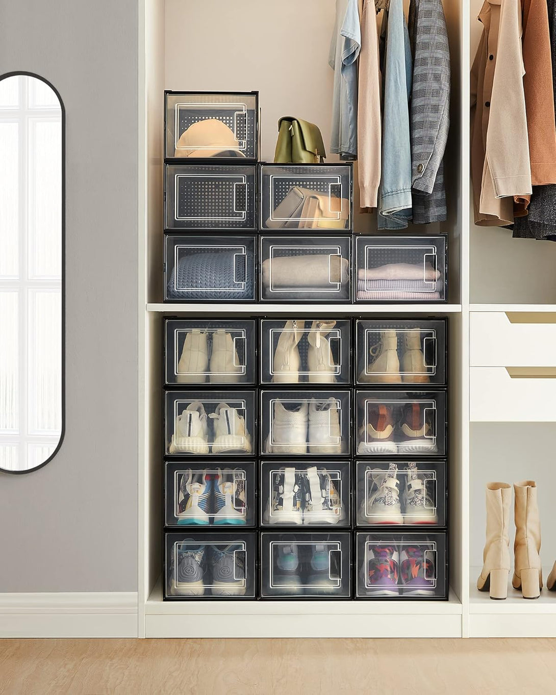 Cutii de pantofi, set de 18, organizatoare de pantofi din plastic, transparent/negru