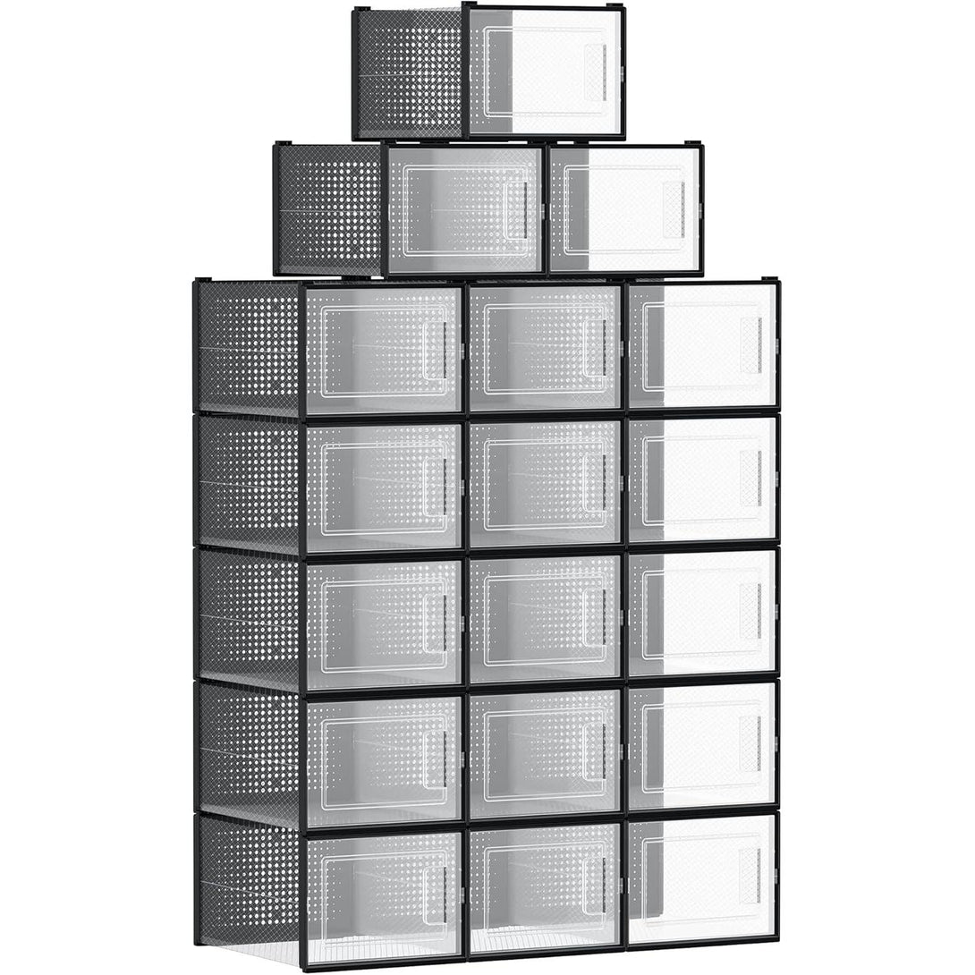 Cutii de pantofi, set de 18, organizatoare de pantofi din plastic, transparent/negru