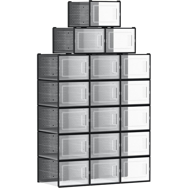Cutii de pantofi, set de 18, organizatoare de pantofi din plastic, transparent/negru