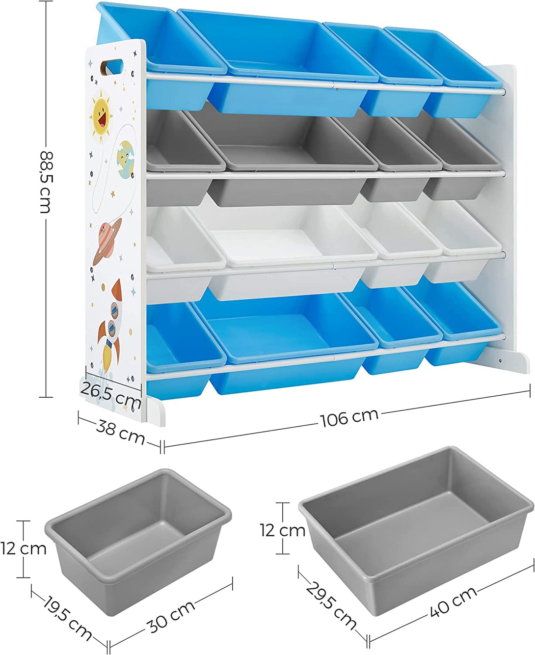 Depozitare mare pentru jucării, organizator de jucării cu 16 recipiente de plastic detașabile în alb, albastru și gri