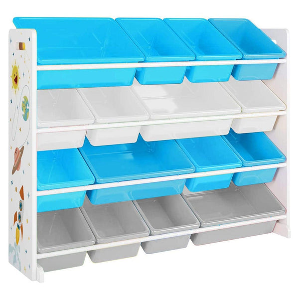 Depozitare mare pentru jucării, organizator de jucării cu 16 recipiente de plastic detașabile în alb, albastru și gri