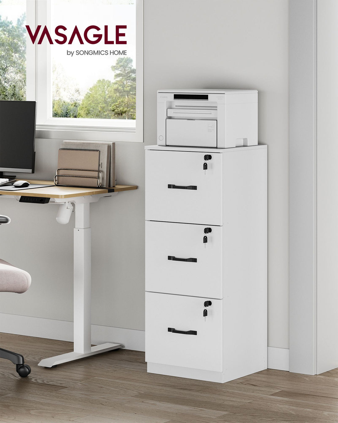 Dosar cu 3 sertare, Dosar home office, cu 3 sertare blocabile, alb